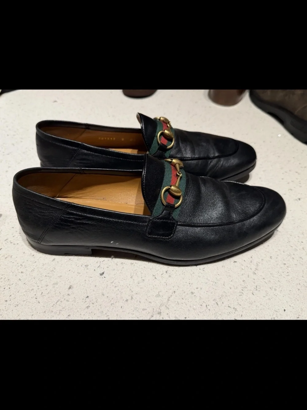 Gucci Black Leather Men’s Loafers with Green-Red Web and Gold Bit